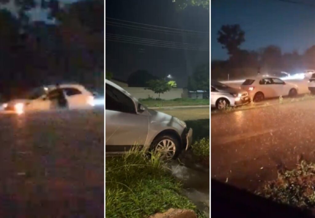 Carros ficam ilhados após chuva intensa alagar avenidas de Palmas